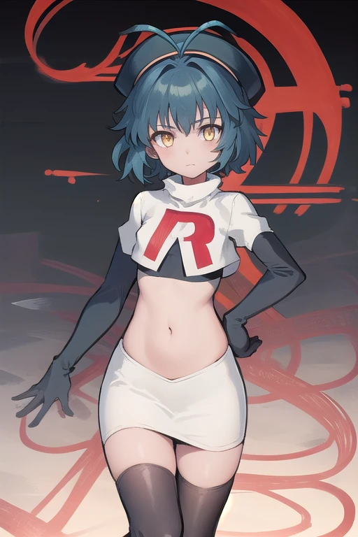 best quality, (masterpiece:1.2), illustration, absurdres, (1girl), (beautiful detailed girl),
Millium Orion, blue hair, short hair, antenna hair, ahoge, yellow eyes,  flat chest,
black hat, headwear,
team rocket,team rocket uniform,white skirt,red letter R,crop top,black thigh-highs,black elbow gloves, 
looking at viewer,