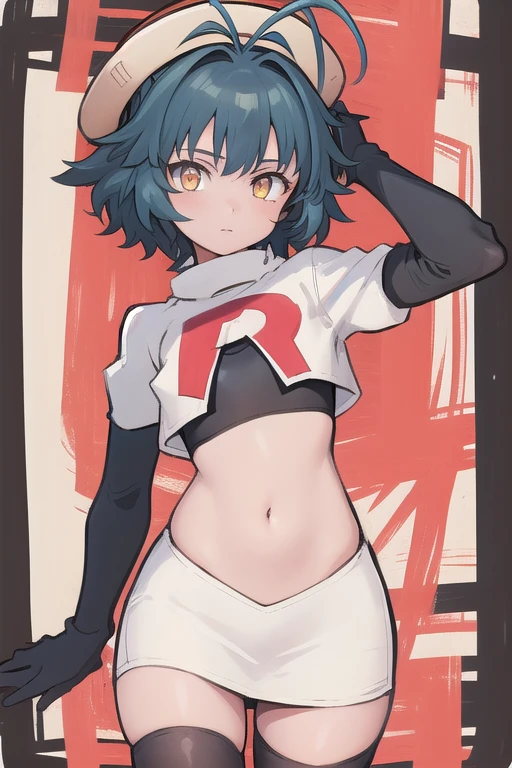 best quality, (masterpiece:1.2), illustration, absurdres, (1girl), (beautiful detailed girl),
Millium Orion, blue hair, short hair, antenna hair, ahoge, yellow eyes,  flat chest,
black hat, headwear,
team rocket,team rocket uniform,white skirt,red letter R,crop top,black thigh-highs,black elbow gloves, 
looking at viewer,