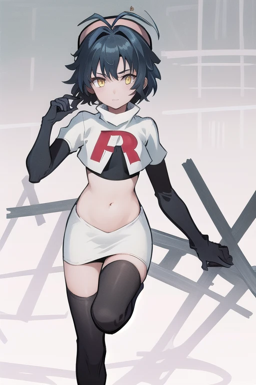 best quality, (masterpiece:1.2), illustration, absurdres, (1girl), (beautiful detailed girl),
Millium Orion, blue hair, short hair, antenna hair, ahoge, yellow eyes,  flat chest,
black hat, headwear,
team rocket,team rocket uniform,white skirt,red letter R,crop top,black thigh-highs,black elbow gloves, 
looking at viewer,