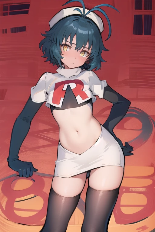 best quality, (masterpiece:1.2), illustration, absurdres, (1girl), (beautiful detailed girl),
Millium Orion, blue hair, short hair, antenna hair, ahoge, yellow eyes,  flat chest,
black hat, headwear,
team rocket,team rocket uniform,white skirt,red letter R,crop top,black thigh-highs,black elbow gloves, 
looking at viewer,