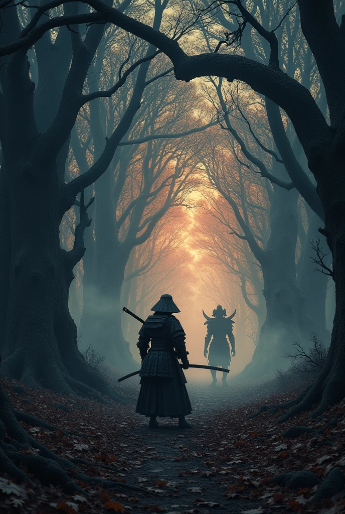 A lone samurai in a duel with a dark creature. Dense, dark forest with ancient, gnarled trees. The ground is covered in dry leaves, Twilight, with the sky painted in shades of orange and purple. The remaining light filters through the trees, casting long, eerie shadows. In the background monsters emerging from the shadows.