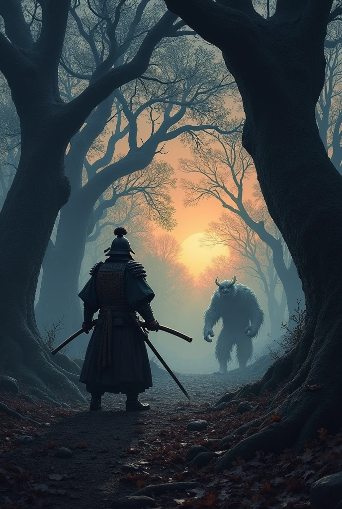 A lone samurai in a duel with a dark creature. Dense, dark forest with ancient, gnarled trees. The ground is covered in dry leaves, Twilight, with the sky painted in shades of orange and purple. The remaining light filters through the trees, casting long, eerie shadows. In the background monsters emerging from the shadows.