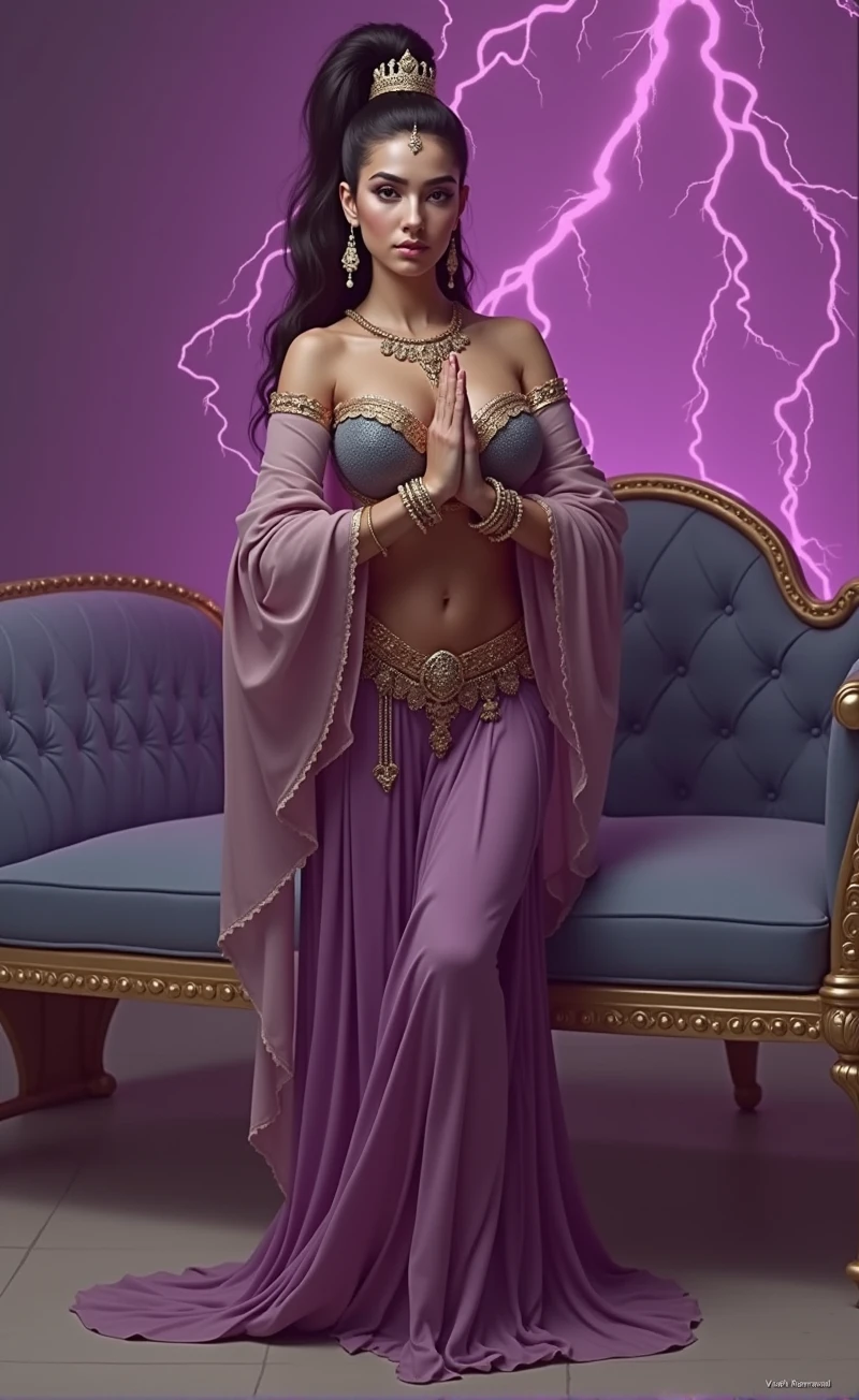 (1 nubile girl, with hybrid face of Karen McDougal & Lee Meriwether, must be kneeling in namaste pose, must be on knees in namaste pose, begging in namaste pose, beautiful goddess, royal wedding hairstyle & high ponytail hairstyle, lithe & bodacious body, perfectly rendered hands & fingers, perfectly rendered feet & toes, highly detailed face, detailed eyes, lips and skin texture, intricately detailed harem clothing, exotic belly dancer regalia, detailed purple lightning environment, dynamic lighting, vivid colors, photorealistic, cinematic composition, masterpiece, best quality, 8k, highly detailed)
