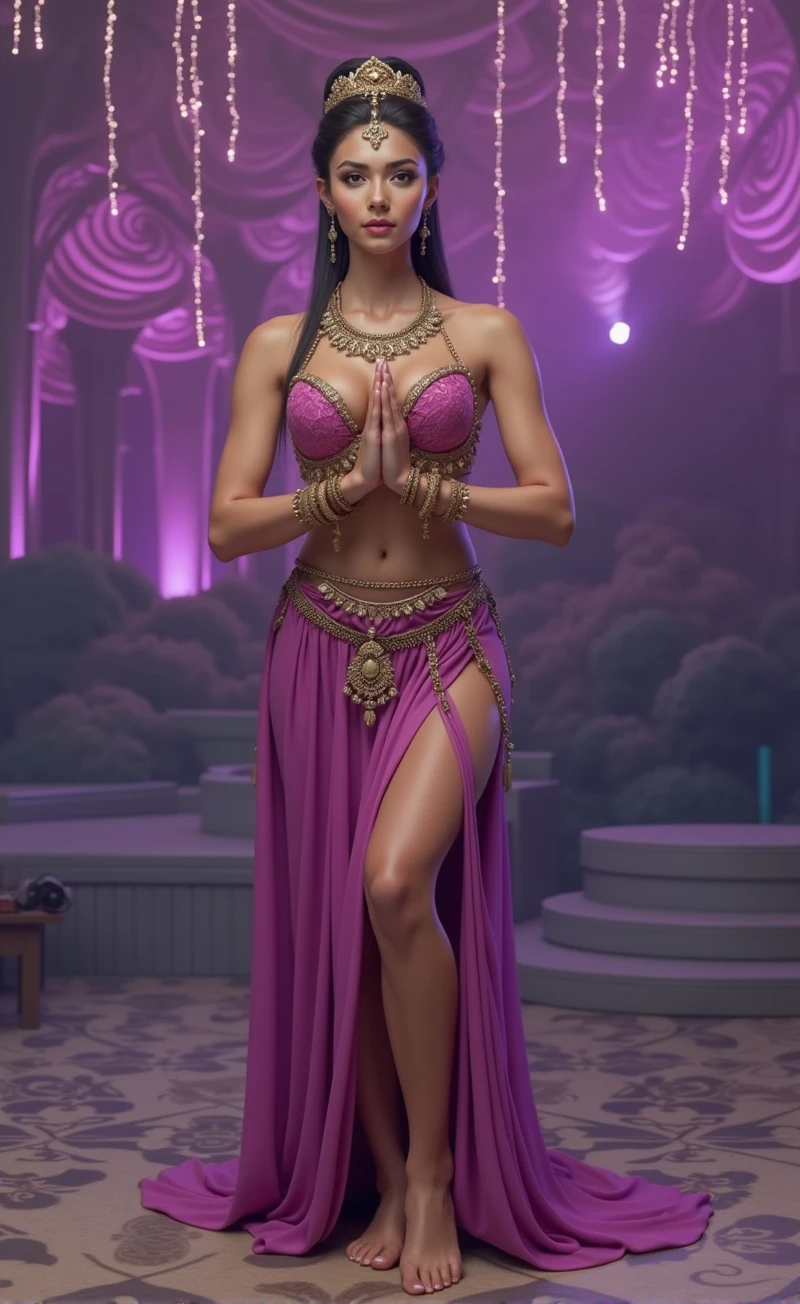 (1 nubile girl, with hybrid face of Karen McDougal & Lee Meriwether, must be kneeling in namaste pose, must be on knees in namaste pose, begging in namaste pose, beautiful goddess, royal wedding hairstyle & high ponytail hairstyle, lithe & bodacious body, perfectly rendered hands & fingers, perfectly rendered feet & toes, highly detailed face, detailed eyes, lips and skin texture, intricately detailed harem clothing, exotic belly dancer regalia, detailed purple lightning environment, dynamic lighting, vivid colors, photorealistic, cinematic composition, masterpiece, best quality, 8k, highly detailed)