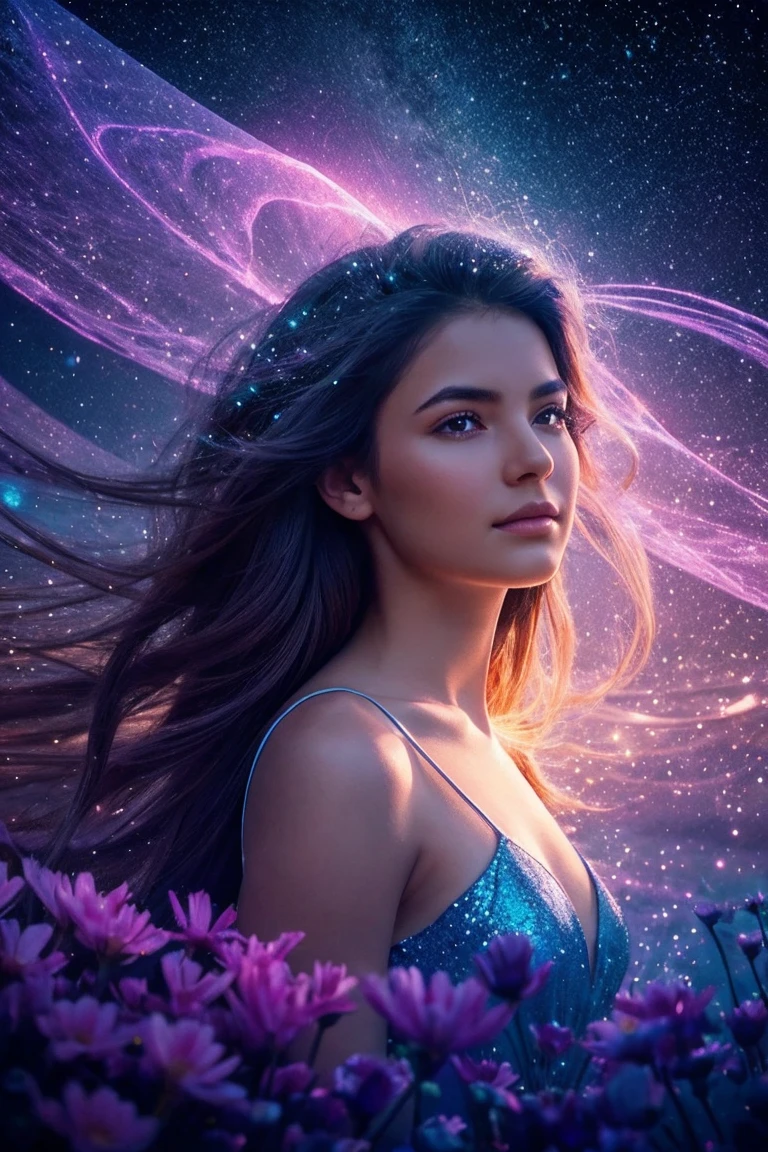 8. Breathtaking, ultra-detailed and photorealistic portrait of a beautiful young woman with long hair, dark hair. Her expressive eyes are accentuated by a thin, but bright makeup., drawing the viewer in with her captivating gaze. The woman is surrounded by an ethereal multitude of flowers., with her face as the focal point of the composition. In the foreground, a mesmerizing gradient flower unfolds, its petals transition from soft, from pale yellow to bright peach, combined with a harmonious blend of complementary hues. This central floral element serves as a visual anchor., bridging the gap between portrait and fantastical background. The scene unfolds in an alien world., With an exotic touch, glowing planets, hanging in the sky. The color palette is a delicate balance of soft, dreamy tones and bold, Contrasting shades, Creating a Sense of Otherworldly Beauty. Shimmering, translucent petals float around the woman, catching and refracting light in mesmerizing patterns. in the background, swirling streams of azure matter dance and writhe, resembling nebulae or cosmic rivers. Sparkling particles of stardust hang in the air., soft casting, magical glow across the scene. Bioluminescent alien flora dot the landscape, their gentle glow adds depth and intrigue to the composition.. The lighting is masterfully executed., with a combination of soft, scattered light and sharp, Directed beams, highlighting key elements of the image. This interplay of light and shadow adds volume and drama., enhancing the overall sense of magic and wonder. Thin tendrils of energy or aether permeate the air., connecting the woman to her surreal surroundings. These airy strands pulsate with a soft, rhythmic glow, suggesting a deep, mystical connection between the subject and the cosmos. The woman's expression conveys a calm confidence., a hint of hidden knowledge or inner strength. Her hair flows gracefully, intertwining with the surrounding flowers and cosmic en
