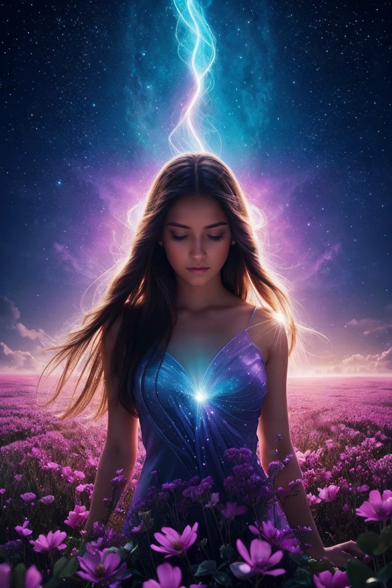 8. Breathtaking, ultra-detailed and photorealistic portrait of a beautiful young woman with long hair, dark hair. Her expressive eyes are accentuated by a thin, but bright makeup., drawing the viewer in with her captivating gaze. The woman is surrounded by an ethereal multitude of flowers., with her face as the focal point of the composition. In the foreground, a mesmerizing gradient flower unfolds, its petals transition from soft, from pale yellow to bright peach, combined with a harmonious blend of complementary hues. This central floral element serves as a visual anchor., bridging the gap between portrait and fantastical background. The scene unfolds in an alien world., With an exotic touch, glowing planets, hanging in the sky. The color palette is a delicate balance of soft, dreamy tones and bold, Contrasting shades, Creating a Sense of Otherworldly Beauty. Shimmering, translucent petals float around the woman, catching and refracting light in mesmerizing patterns. in the background, swirling streams of azure matter dance and writhe, resembling nebulae or cosmic rivers. Sparkling particles of stardust hang in the air., soft casting, magical glow across the scene. Bioluminescent alien flora dot the landscape, their gentle glow adds depth and intrigue to the composition.. The lighting is masterfully executed., with a combination of soft, scattered light and sharp, Directed beams, highlighting key elements of the image. This interplay of light and shadow adds volume and drama., enhancing the overall sense of magic and wonder. Thin tendrils of energy or aether permeate the air., connecting the woman to her surreal surroundings. These airy strands pulsate with a soft, rhythmic glow, suggesting a deep, mystical connection between the subject and the cosmos. The woman's expression conveys a calm confidence., a hint of hidden knowledge or inner strength. Her hair flows gracefully, intertwining with the surrounding flowers and cosmic en