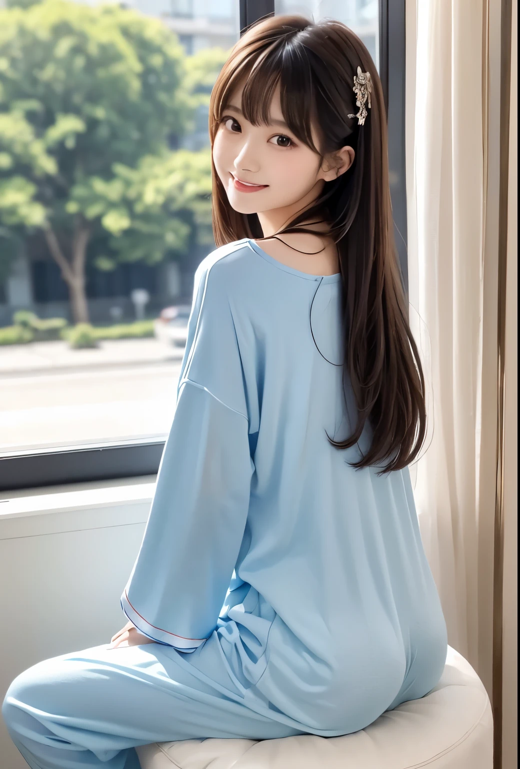 masterpiece、Highest quality、whole body、One Girl、bangs、Japanese、黒髪のLong Hair、Long Hair、Gazing at the audience、window、morning、back、light blue、pajamas、smile、alone、Stylish woman、Pastel colored outfits、front、Luxury background elements、Confident expression、Modern and trendy、Fashion focused