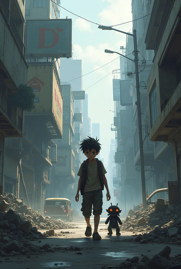 A boy walking with his digimon by his side on a street in a post-apocalyptic city.