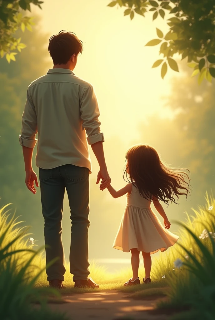 4 year old girl with brown hair holding hands with her father, shows the two from behind