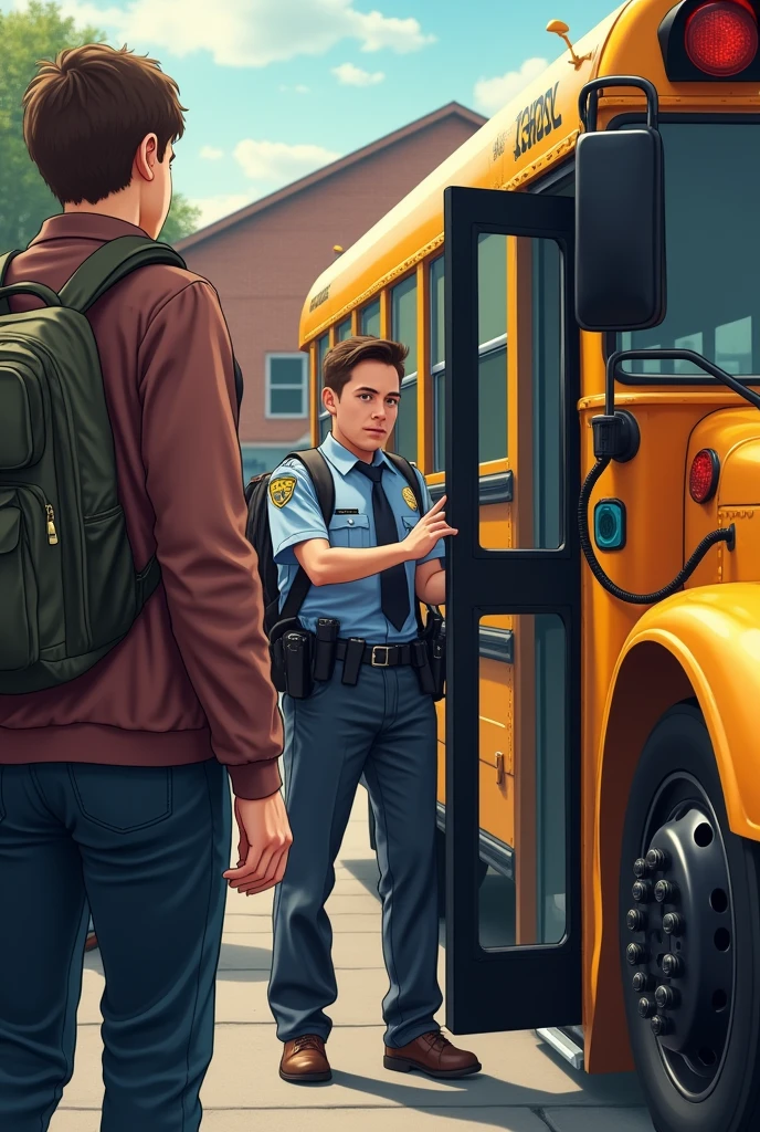 A student getting off the bus seeing the school principal receiving a fine