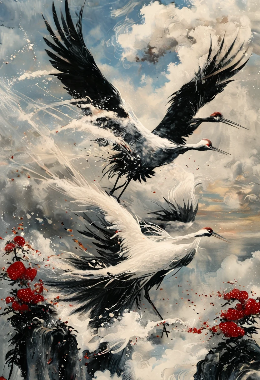 Ink, Crane, cloud, wing, I am, outdoors, feathered wing, sky, petal,oil paint
