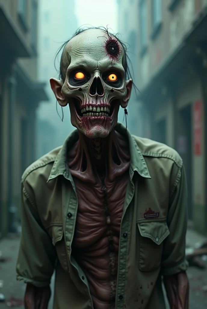 Create a 4K quality, highly detailed depiction of a zombie. The zombie should be portrayed with hyper-realistic textures and intricate details. The face should be gaunt and decayed, with visible, rotting flesh, exposed bone, and hollow, glowing eyes that convey an eerie, menacing look. The zombie's clothing should be tattered and blood-stained, adding to the overall sense of decay. The skin should have a range of grays, greens, and browns to emphasize its rotting nature, with prominent veins and deep wounds. The background should be a dark, atmospheric setting, such as a foggy, abandoned street or a derelict building, to enhance the zombie's terrifying presence. Lighting should be dramatic, highlighting the textures and details of the zombie while creating deep shadows and an ominous mood.