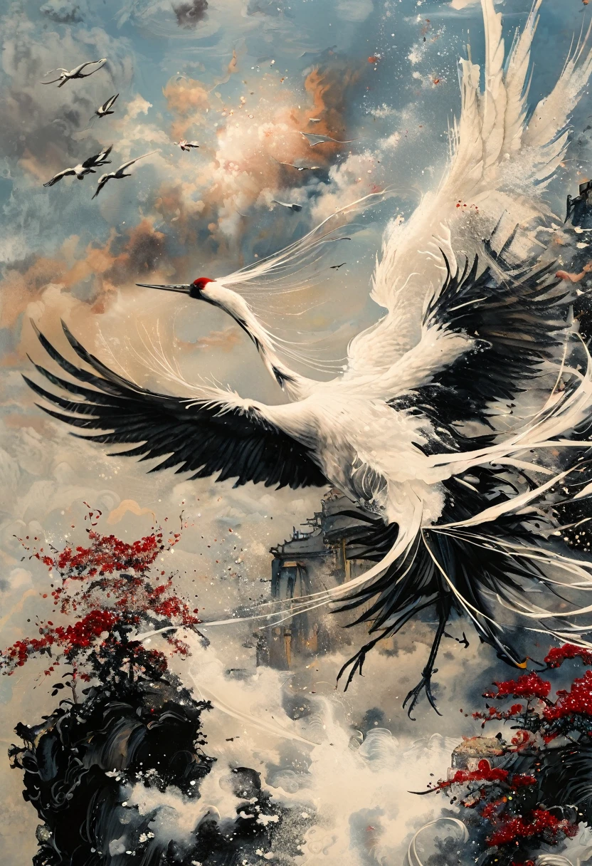 Ink, Crane, cloud, wing, I am, outdoors, feathered wing, sky, petal,oil paint
