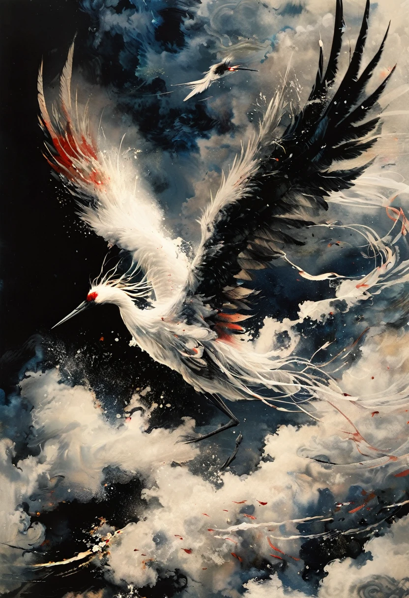 Ink, Crane, cloud, wing, I am, outdoors, feathered wing, sky, petal,oil paint
