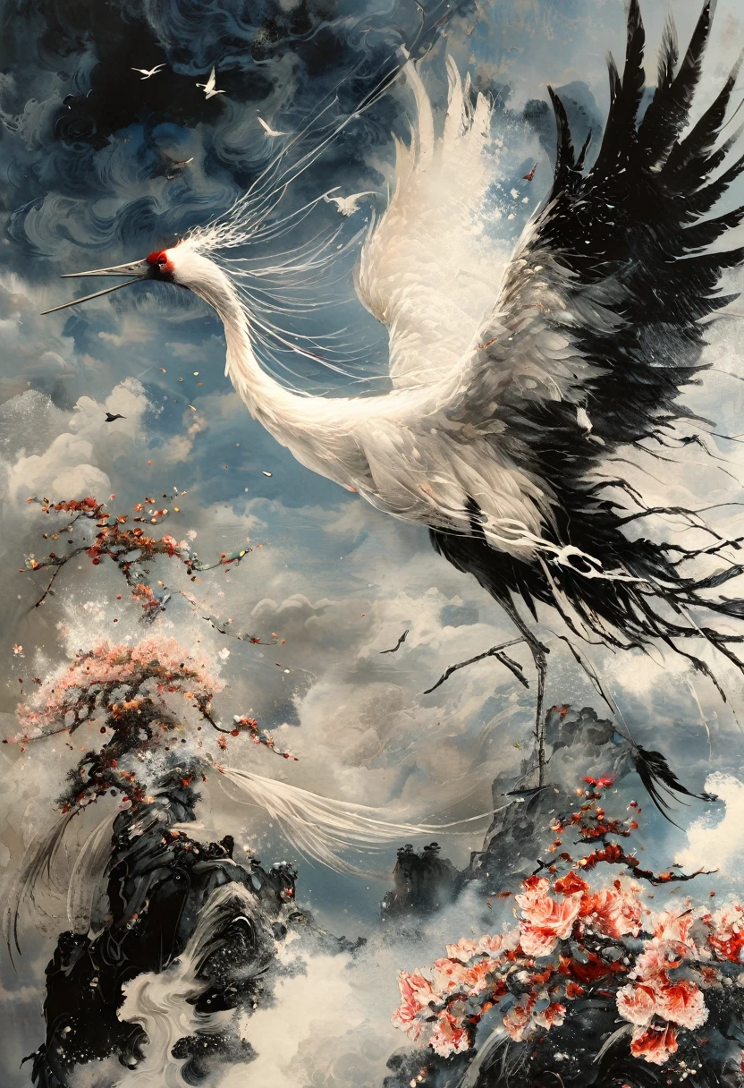 Ink, Crane, cloud, wing, I am, outdoors, feathered wing, sky, petal,oil paint
