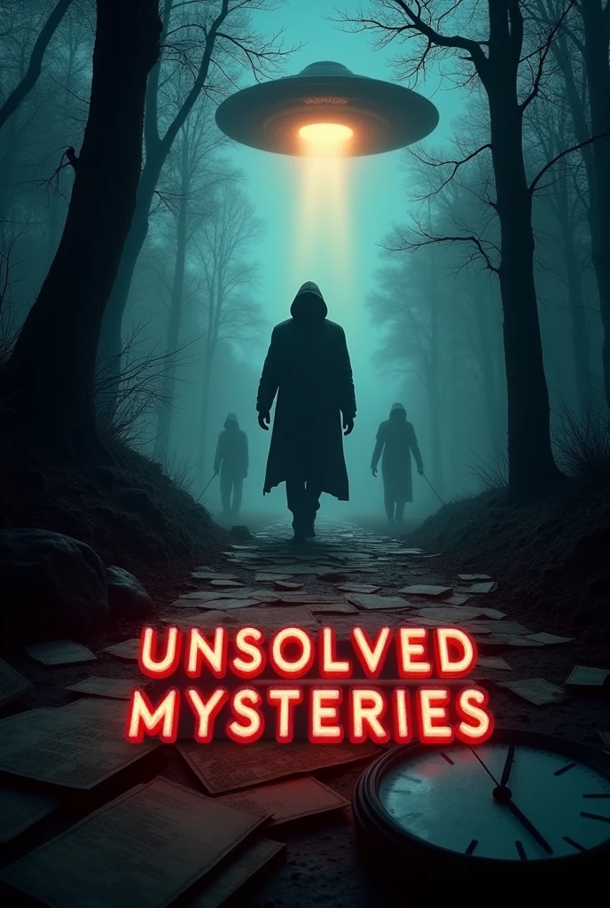 Create a visually striking thumbnail for a YouTube video titled "3 Unsolved Mysteries." The image must have a dark and ominous background, with a design that evokes mystery and intrigue. In the central part, Highlight a large title in bright letters and in neon or fire, that immediately captures the viewer's attention. Includes representative images of the mysteries: a silhouette of a dark forest with fog, a ufo floating in the sky, and a sinister shadow of a partially hidden human figure. Place additional elements, like old clocks and worn old maps, In the background, to add more depth to the theme of mystery. Make sure the image has a cinematic and dramatic feel, with well-defined shadows and strong contrast that highlights key elements. Use the dimensions of 1280x720 pixels so that the thumbnail fits perfectly on YouTube.