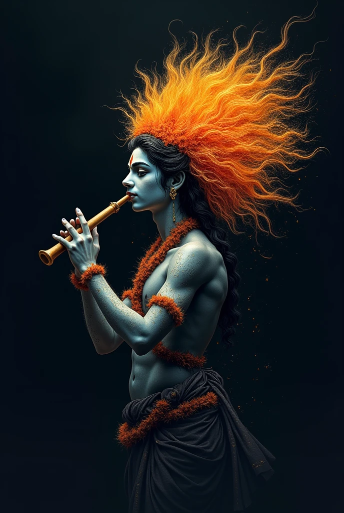 Krishna in black background. No face. Only outer line of the body made by flame aura. Peacock wing on his head. Bansuri on hand.