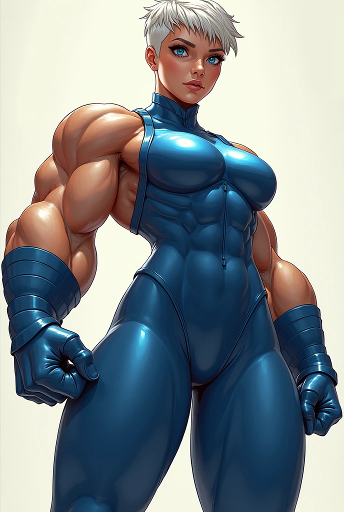 solo, 1girl, 5uper, muscular female superman, black hair, pixie haircut, blue eyes,bulky muscular strong body,wide muscular shoulders,strong bulky muscular upper body,huge bulging biceps, blue bodysuit,posing,flexing,high detail,realistic