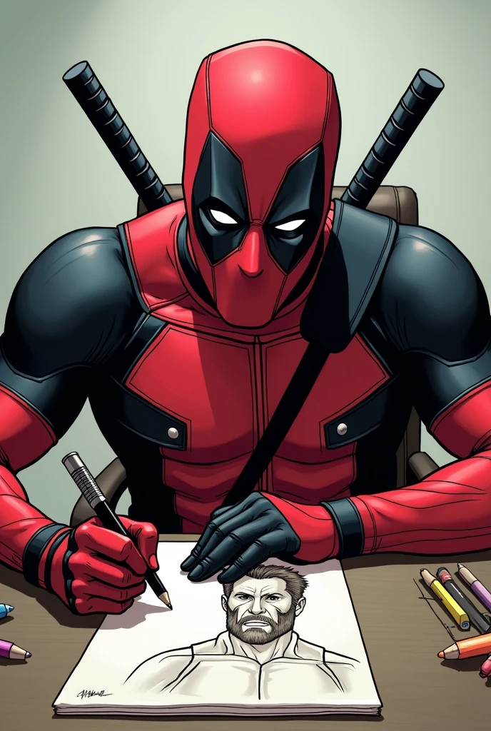Marvel character Deadpool sitting at a table, drawing wolverine 