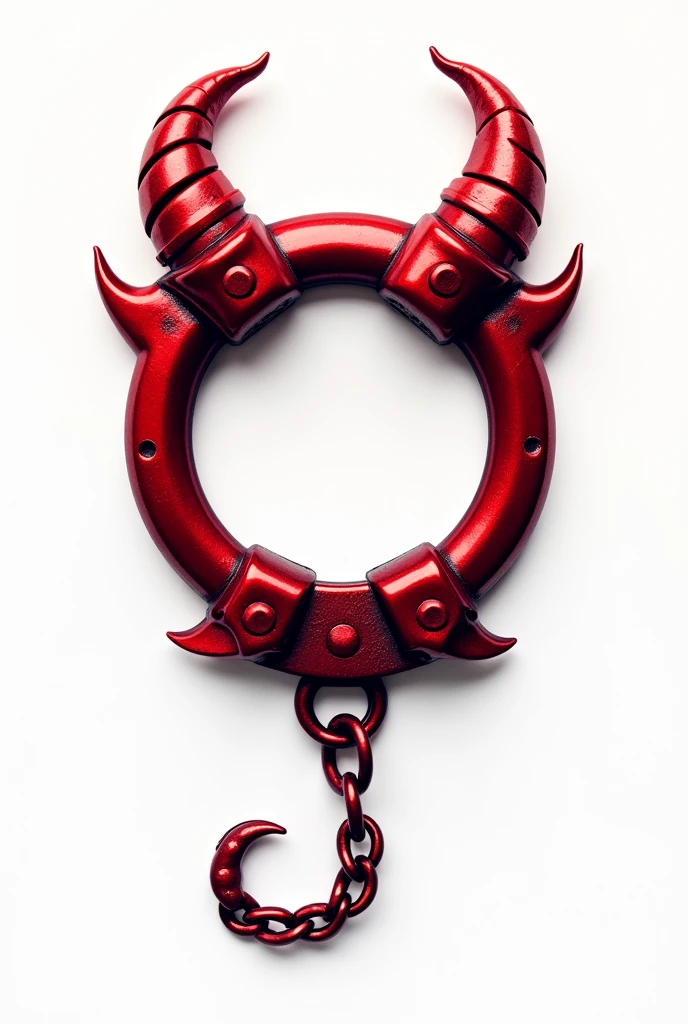(logo design) sexy evil logo, a sexual striking red handcuff, adorned with demon horns and a sinuous chain tail extending from the base, dynamic and bold, glossy finish, high-resolution, creating an impression of sexuality and power. White background. 