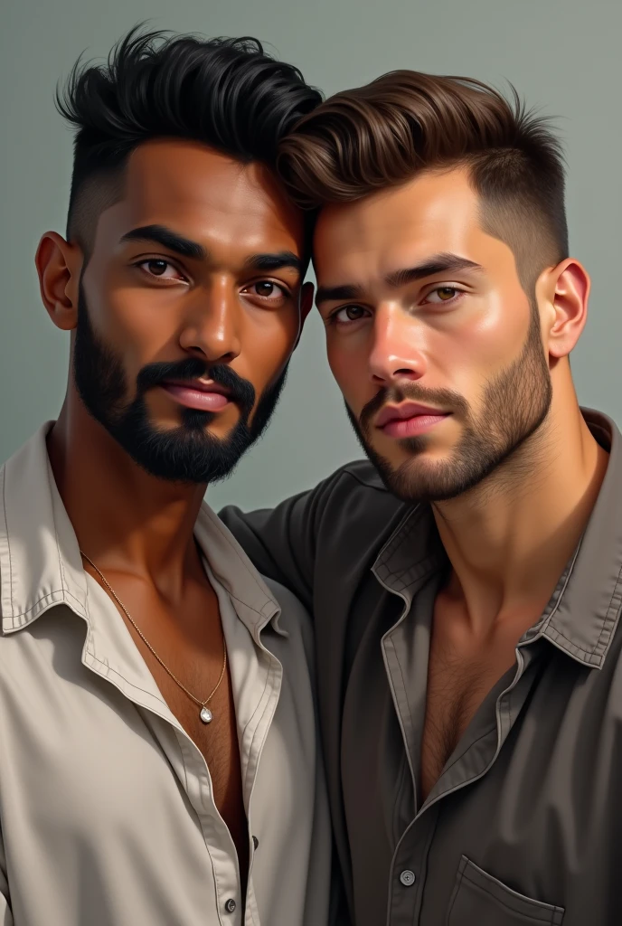 Un couple d'hommes. Le premier homme est un Sri lankais aux cheveux courts très foncé, with a black beard and moustache, he is thin and slightly muscular. The second man is a Frenchman with very short brown hair., a light beard and moustache, il est un peu en surpoids.