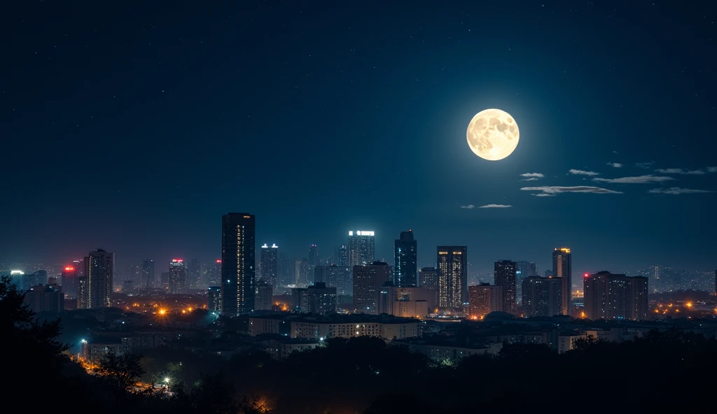 Lots of buildings at night with their lights on shining under the starry sky and a full moon