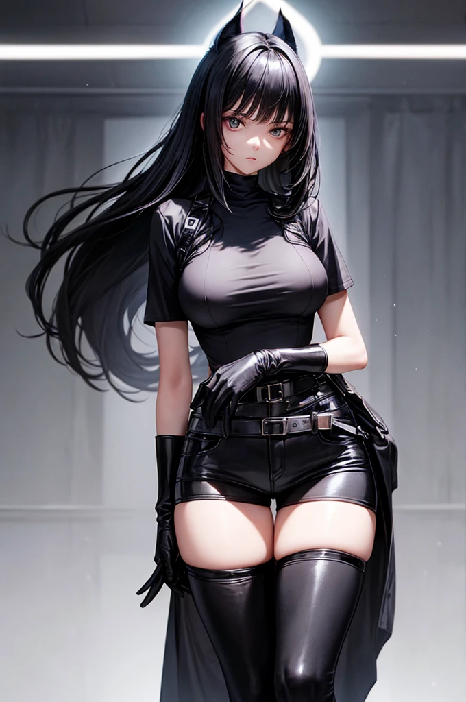 Beautiful, tall, slender, large breasts, 20 year old woman, short bangs, black hair, black t-shirt, black pants, black face mask, {gloves fully covering hands} short black gloves,