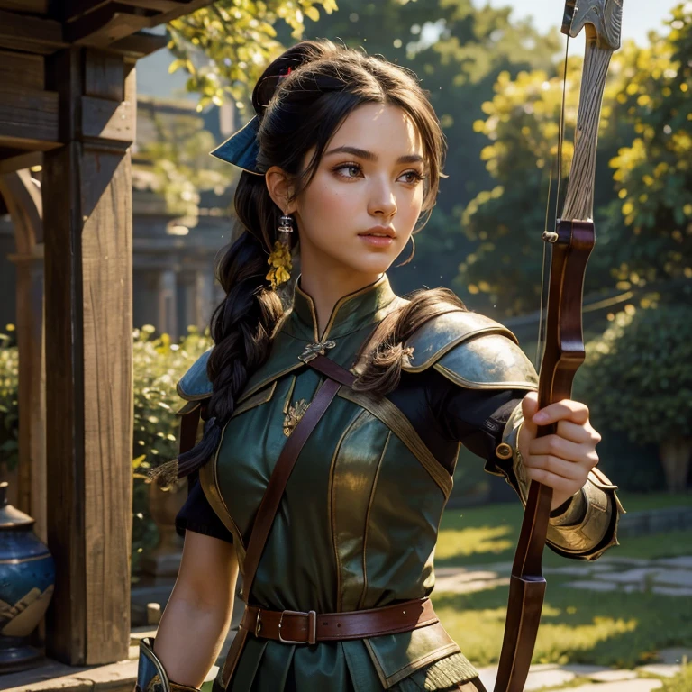 (masterpiece, best quality:1.5), highest quality, High resolution, super detailed, Realists, Upper body photo of a black-haired archer , detailed and beautiful eyes, beautiful detailed lips, very detailed eyes and face, longeyelashes, Archer in light armor, Noble details on the armor. Beautiful and colorful makeup, ponytail hairstyle, Gardens as background, bright daylight, bright colors, fine brushstrokes, Portrait style, beautiful color palette, glowing skin, First-class rendering, that captures every detail, enchanting atmosphere, (perfect anatomy:1.2), (The stunning archer holds a bow. (magnificent panorama view:1.2)