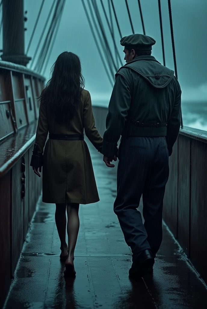 Young woman approaches sailor man as he walks on ship in rain on dark night