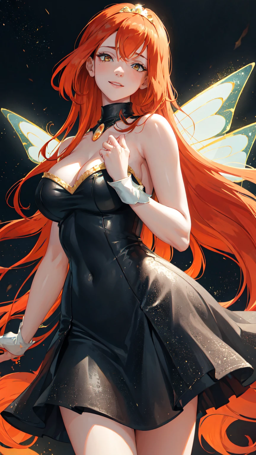 masterpiece, best quality, ultra-detailed, Bloom, tall, thick, orange hair, (((yellow eyes))), bangs, long hair, fairy outfit, black corset, sleeveless, black skirt, sparkling clothing, fairy wings, tiara, standing, smile, in the dark castle, night, cowboy shot, realistic, volumetric lighting, intricate details, tonemapping, sharp focus, hyper detailed, (((without cleavage)))