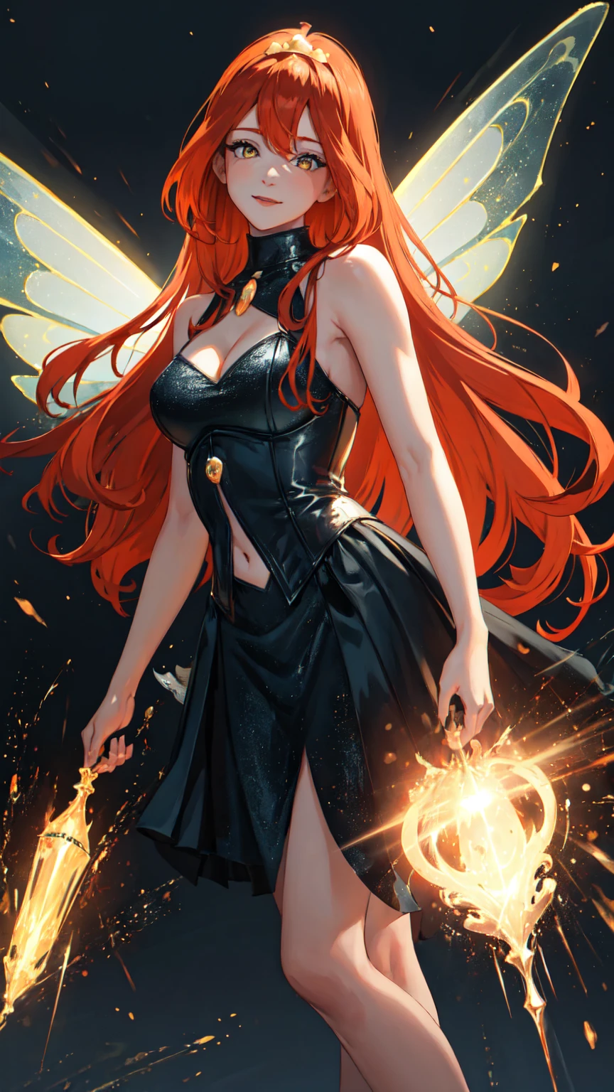 masterpiece, best quality, ultra-detailed, Bloom, tall, thick, orange hair, (((yellow eyes))), bangs, long hair, fairy outfit, black corset, sleeveless, black skirt, sparkling clothing, fairy wings, tiara, standing, smile, in the dark castle, night, cowboy shot, realistic, volumetric lighting, intricate details, tonemapping, sharp focus, hyper detailed, (((without cleavage)))