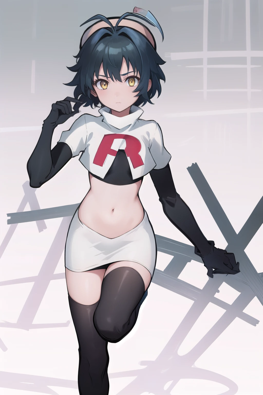 best quality, (masterpiece:1.2), illustration, absurdres, (1girl), (beautiful detailed girl),
Millium Orion, blue hair, short hair, antenna hair, ahoge, yellow eyes,  flat chest,
black hat, headwear,
team rocket,team rocket uniform,white skirt,red letter R,crop top,black thigh-highs,black elbow gloves, 
looking at viewer,