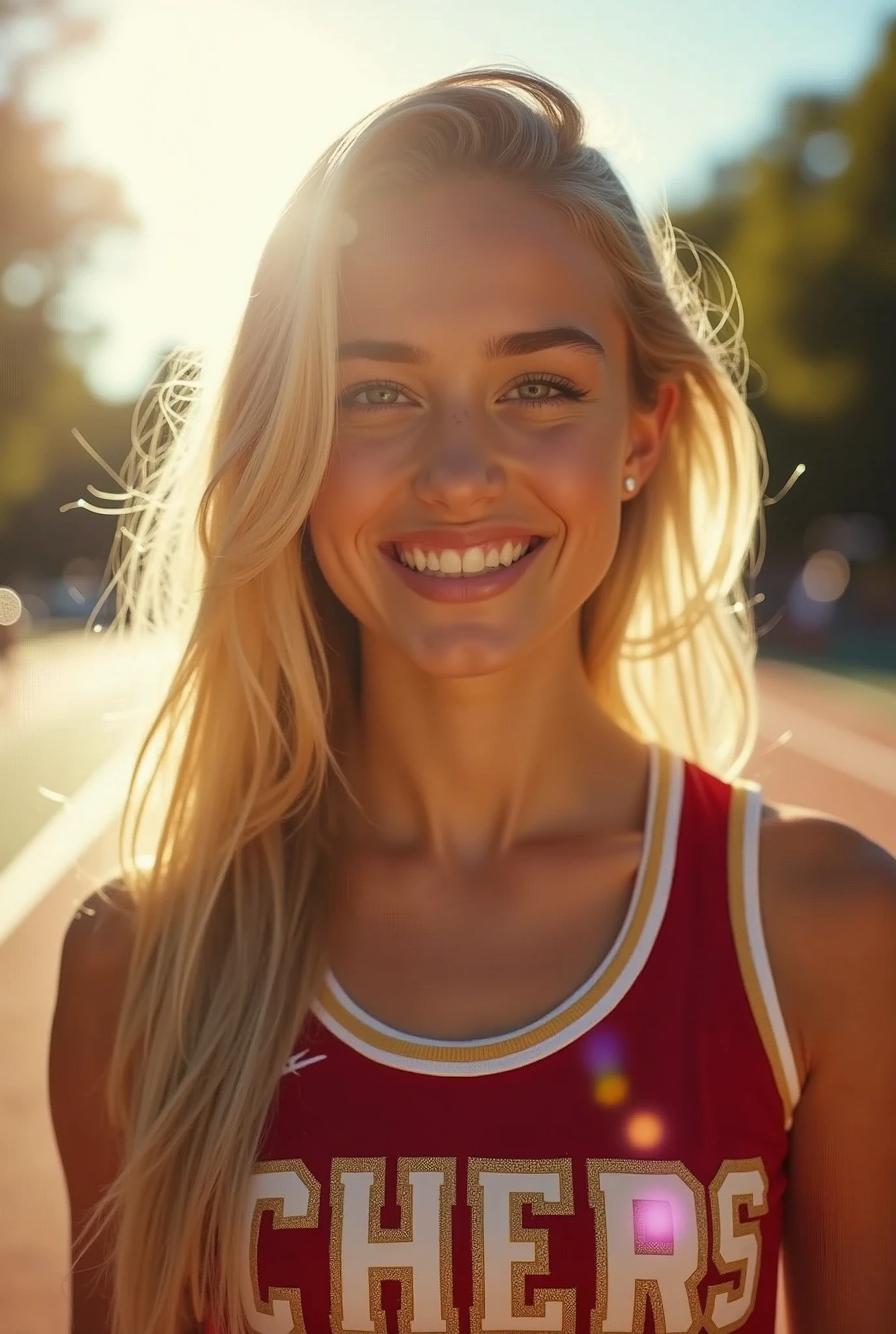 Hyper realistic and detailed full body photo of one young smiling blonde beautiful college girl wearing a cheerleading outfit. Sun is shining. Sharp light. perfect eyes, (Eye makeup:1.1), (highly detailed skin:1.1), RAW, analog style, sharp focus, 8k UHD, DSLR, high quality, Fujifilm XT3, grain, award winning, masterpiece.