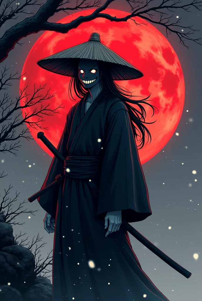 Anime style, 2d, Silhouette,Swordsman, samurai clothing, wearing a Jingasa straw hat, his bright white eyes, negated atmosphere, wearing a mask with a mischievous smile, long hair, grayish, sinister atmosphere, ice aura on him, snowy atmosphere, red full moon tree. Japanese fantasy anime style, character design, 