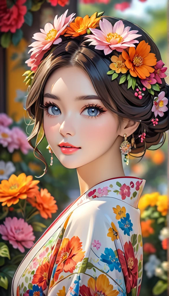 an image of the beautiful woman with the floral hairstyle in the background, 1girl, solo, flower, hair ornament, hair flower, looking at viewer, blurry background, blurry, parted lips, jewelry,HoloDayo XL