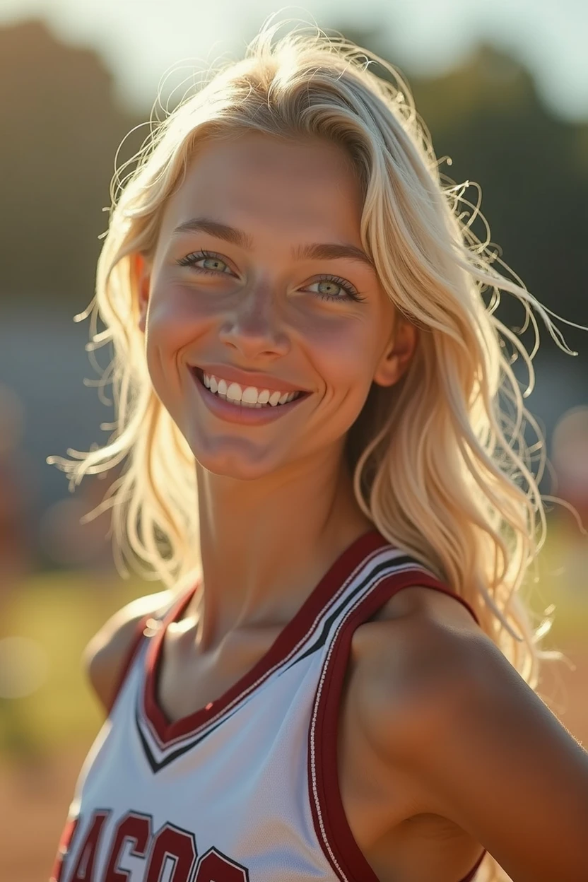 Hyper realistic and detailed full body photo of one young smiling blonde beautiful college girl wearing a cheerleading outfit. Sun is shining. Sharp light. perfect eyes, (Eye makeup:1.1), (highly detailed skin:1.1), RAW, analog style, sharp focus, 8k UHD, DSLR, high quality, Fujifilm XT3, grain, award winning, masterpiece.