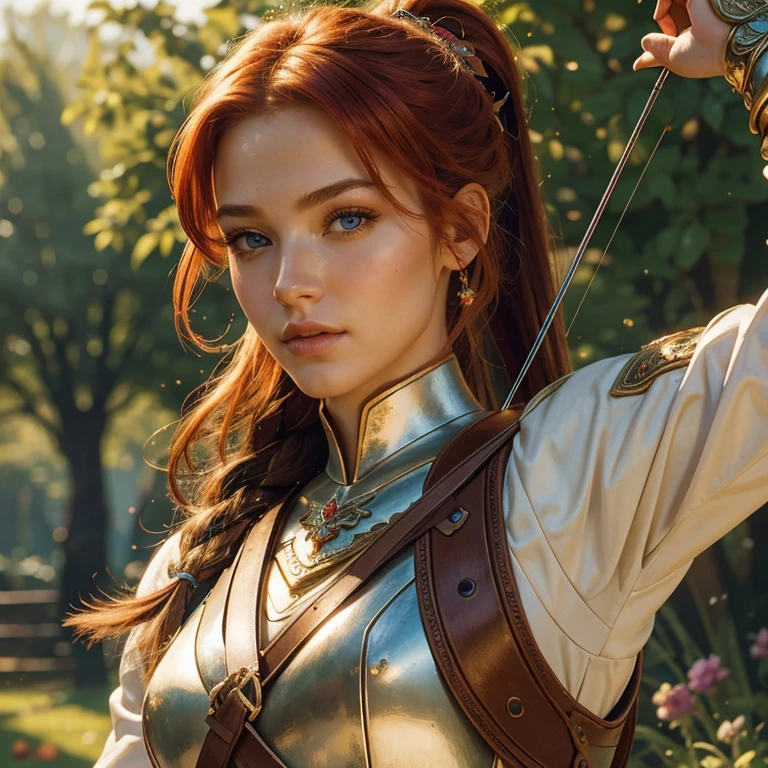 (​masterpiece, best quality:1.5), highest quality, High resolution, super detailed, Realists, Upper body photo of a red-haired archer , detailed and beautiful eyes, beautiful detailed lips, very detailed eyes and face, longeyelashes, Archer in light armor, Noble details on the armor. Beautiful and colorful makeup, ponytail hairstyle, Gardens as background, bright daylight, bright colors, fine brushstrokes, Portrait style, beautiful color palette, glowing skin, First-class rendering, that captures every detail, enchanting atmosphere, (perfect anatomy:1.2), (The stunning archer holds a bow.  (magnificent panorama view:1.2)