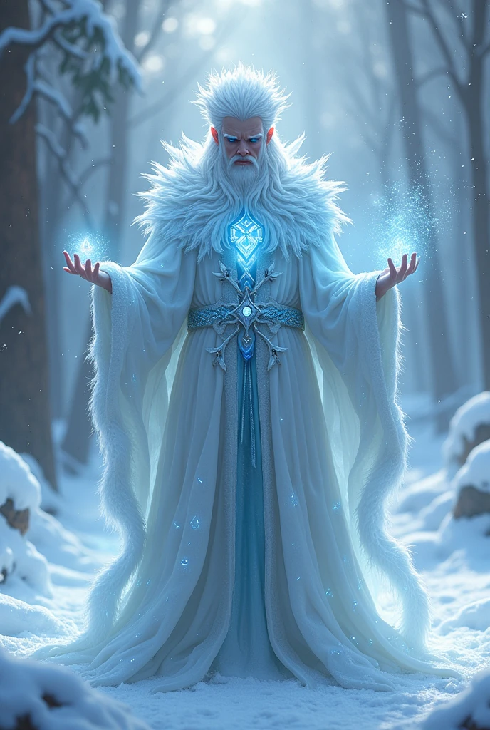 Make an ice druid, who has pale skin and spiky, snow-white hair, he is slender but he is a shaman