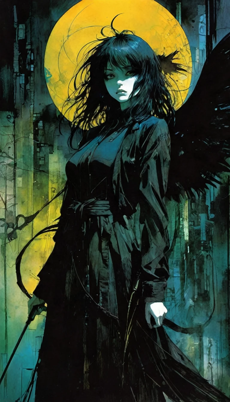 the dark anime, art inspired by Bill Sienkiewicz and Dave Mckean.

