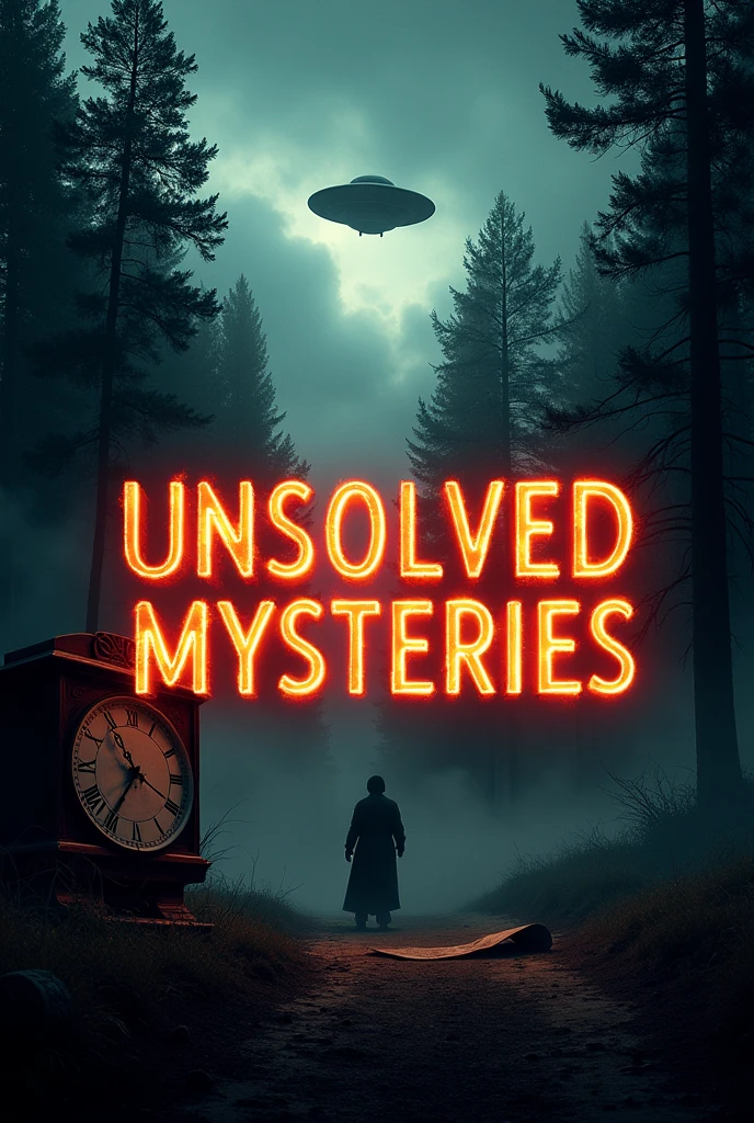 Create a visually striking thumbnail for a YouTube video titled "3 Unsolved Mysteries." The image must have a dark and ominous background, with a design that evokes mystery and intrigue. In the central part, Highlight a large title in bright letters and in neon or fire, that immediately captures the viewer's attention. Includes representative images of the mysteries: a silhouette of a dark forest with fog, a ufo floating in the sky, and a sinister shadow of a partially hidden human figure. Place additional elements, like old clocks and worn old maps, In the background, to add more depth to the theme of mystery. Make sure the image has a cinematic and dramatic feel, with well-defined shadows and strong contrast that highlights key elements. Use the dimensions of 1280x720 pixels so that the thumbnail fits perfectly on YouTube.