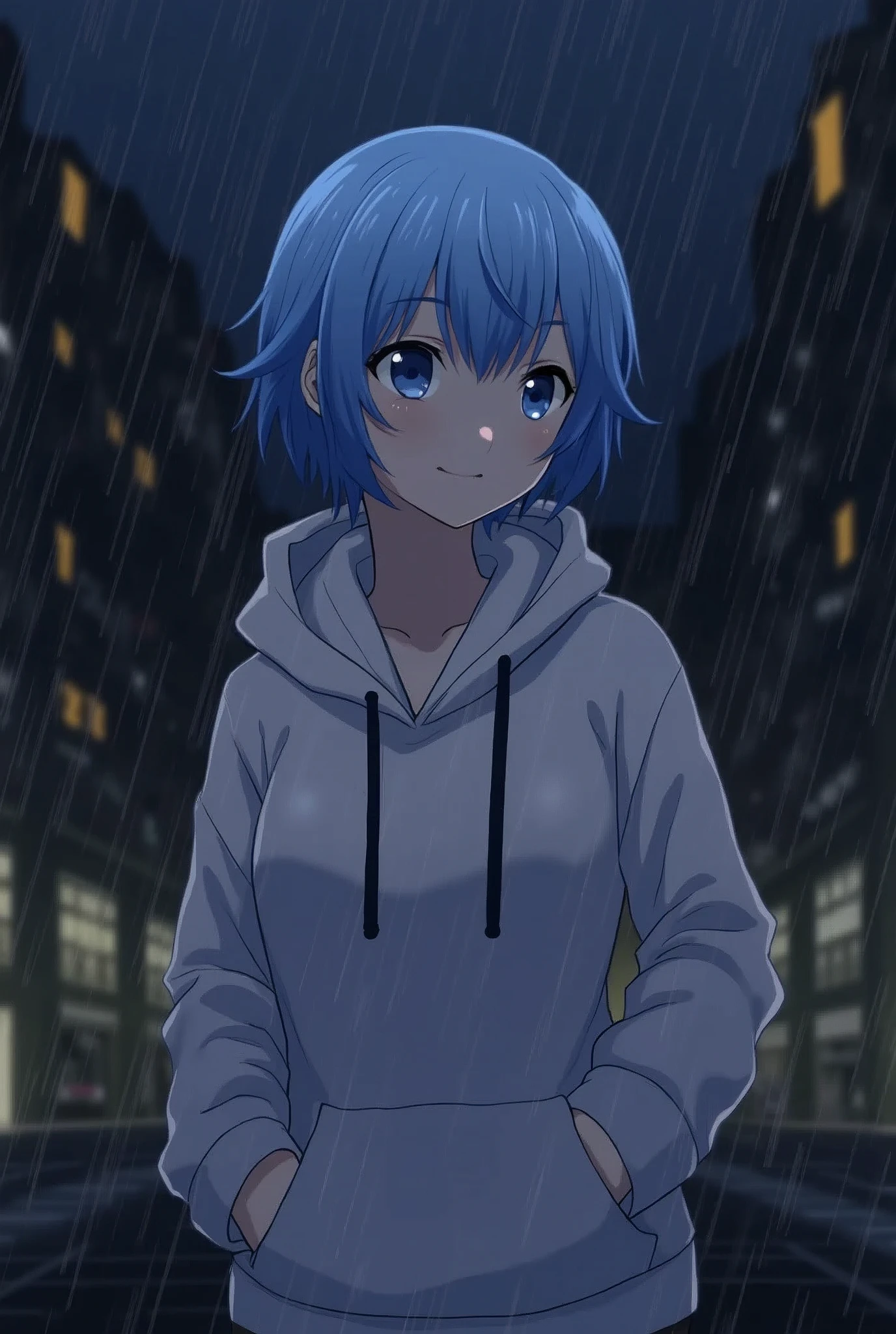 1 girl short blue hair,city at night,rain,shelter,hands in pockets