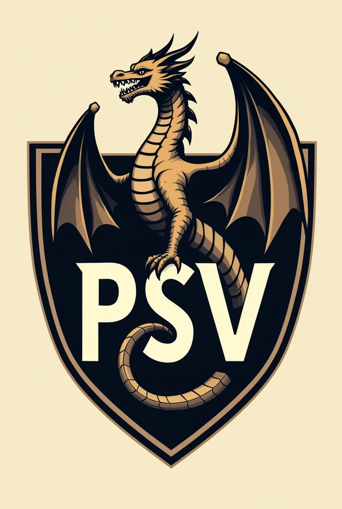 A shield with a dragon in beige and black colors and with the acronym PSV and a little more modern ,much more modern , place the acronym under the dragon and the dragon on top of the acronym standing up
