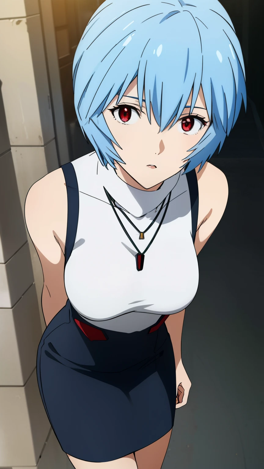 reiayanami, rei ayanami, (ayanami rei:1.2), blue hair, short hair, (red eyes:1.3), Medium breast,
BREAK ((Dark blue turtleneck sleeveless knit), pencil skirt, on the city street, necklace, earrings, knee-high stockings), 
BREAK (masterpiece:1.2), best quality, high resolution, unity 8k wallpaper, (illustration:0.8), (beautiful detailed eyes:1.6), extremely detailed face, perfect lighting, extremely detailed CG, (perfect hands, perfect anatomy), (beautiful face, beautiful legs), cowboy Shot, Dynamic Angle,