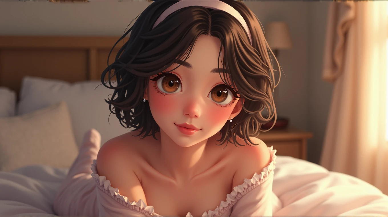  beautiful face, Highly detailed face and skin texture, (closed eyes), brown eyes, double eyelid, thin eyebrows, glitter eyeliner: 1.2, natural cheeks, shiny skin, Fair skin, (((wearing pajamas))), sparkly earrings, (glossy lips: 1. 4), (enchanting smile), (20-year-old), (wavy hair, diagonal bangs), (short hair, short back hair, boyish hair), head band, off shoulder、huge breasts, looking at viewer, smiling, sitting on bed, farting, massive fart, blush