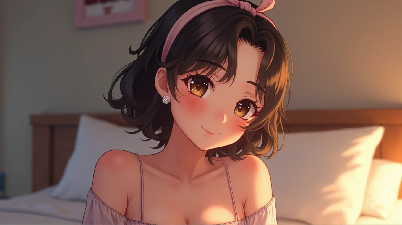 beautiful face, Highly detailed face and skin texture, (closed eyes), brown eyes, double eyelid, thin eyebrows, glitter eyeliner: 1.2, natural cheeks, shiny skin, Fair skin, (((wearing pajamas))), sparkly earrings, (glossy lips: 1. 4), (enchanting smile), (20-year-old), (wavy hair, diagonal bangs), (short hair, short back hair, boyish hair), head band, off shoulder、huge breasts, looking at viewer, smiling, sitting on bed, farting, massive fart, blush