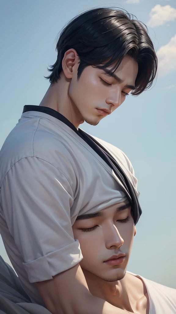 arafed image of a man with his eyes closed and his head tilted, inspired by Yanjun Cheng, yanjun chengt, kim doyoung, inspired by jeonseok lee, taejune kim, jimin\'s grecian nose, jinyoung shin, guweiz, jaeyeon nam, hyung tae, inspired by Russell Dongjun Lu, korean artist