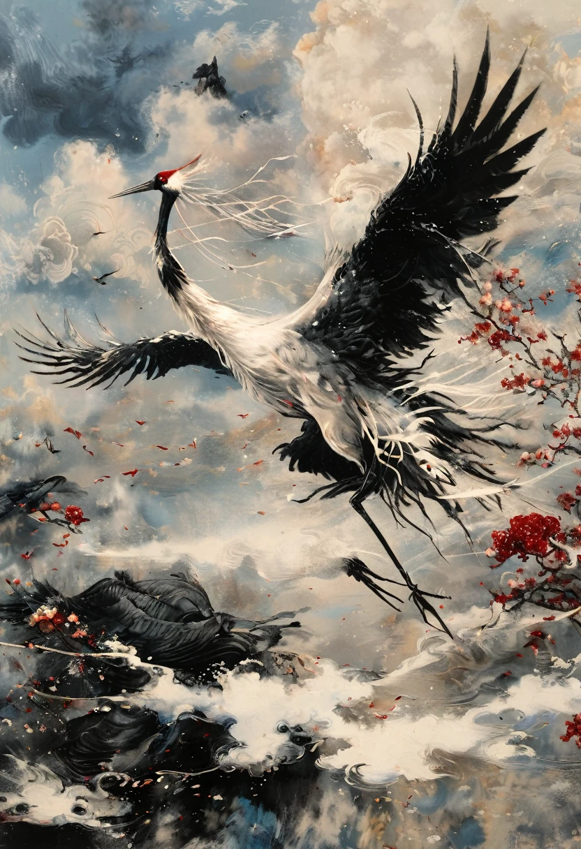 Ink, Crane, cloud, wing, I am, outdoors, feathered wing, sky, petal,oil paint
