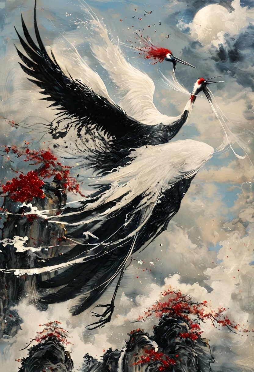 Ink, Crane, cloud, wing, I am, outdoors, feathered wing, sky, petal,oil paint
