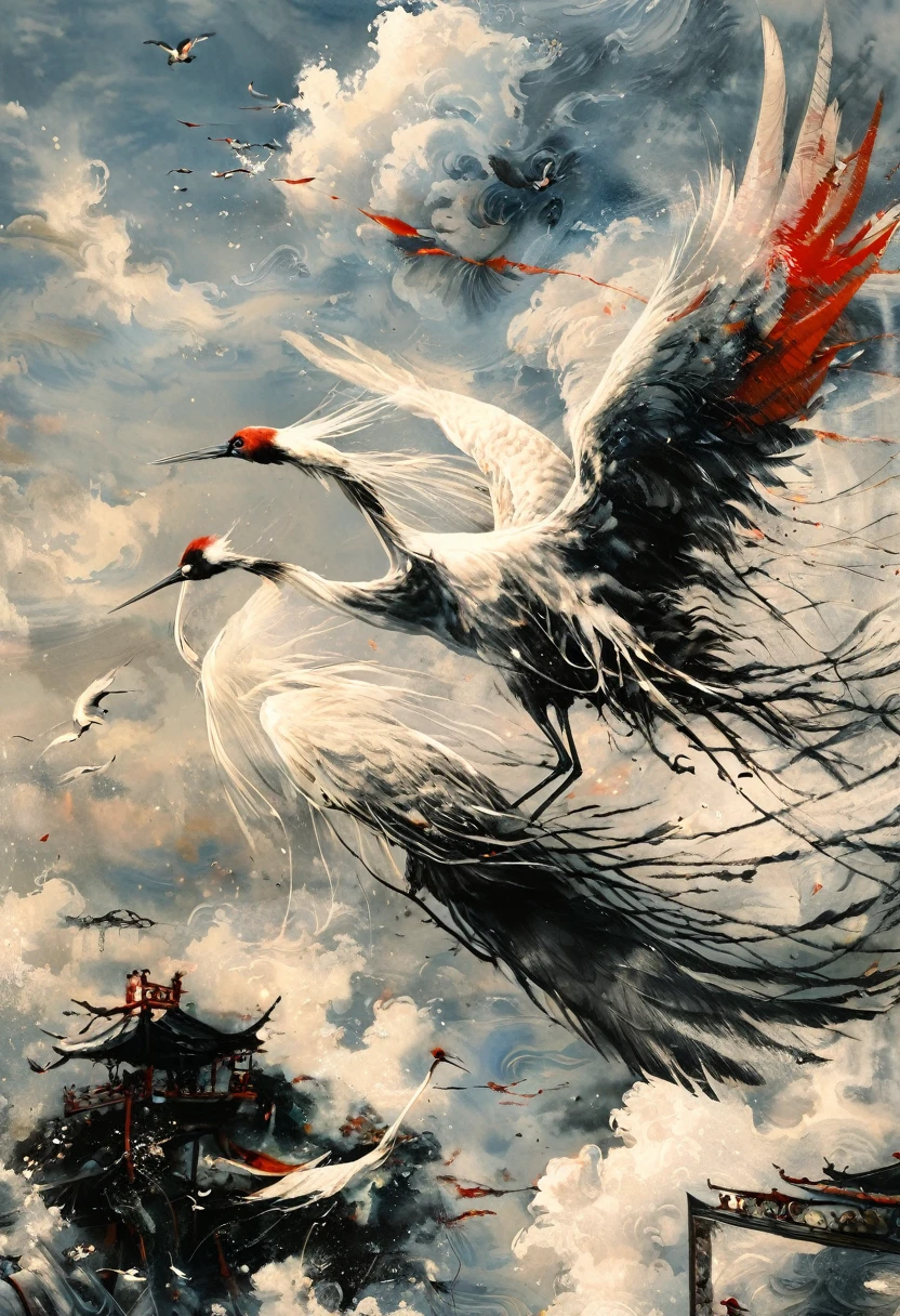 Ink, Crane, cloud, wing, I am, outdoors, feathered wing, sky, petal,oil paint
