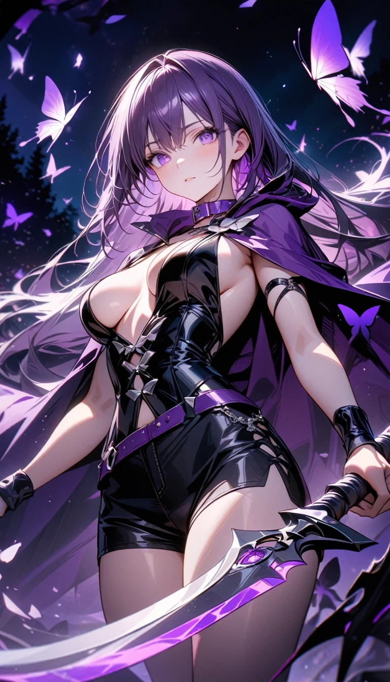 adult girl, long dark purple hair, purple eyes, white tight shirt, black leather chest, purple collar purple cape, open breasts, shorts, night, scythe, butterflies, purple elements, white elements, Masterpiece, best quality, Full HD, 8k, ultra details, great graphic